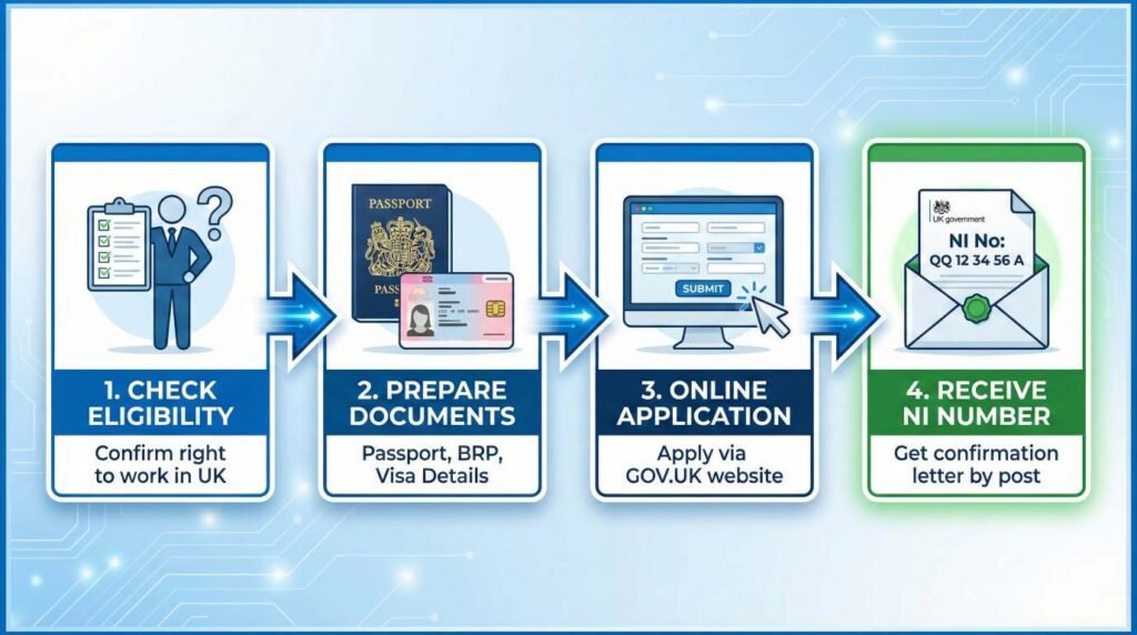 Infographic showing the step-by-step process to apply for NI number UK online